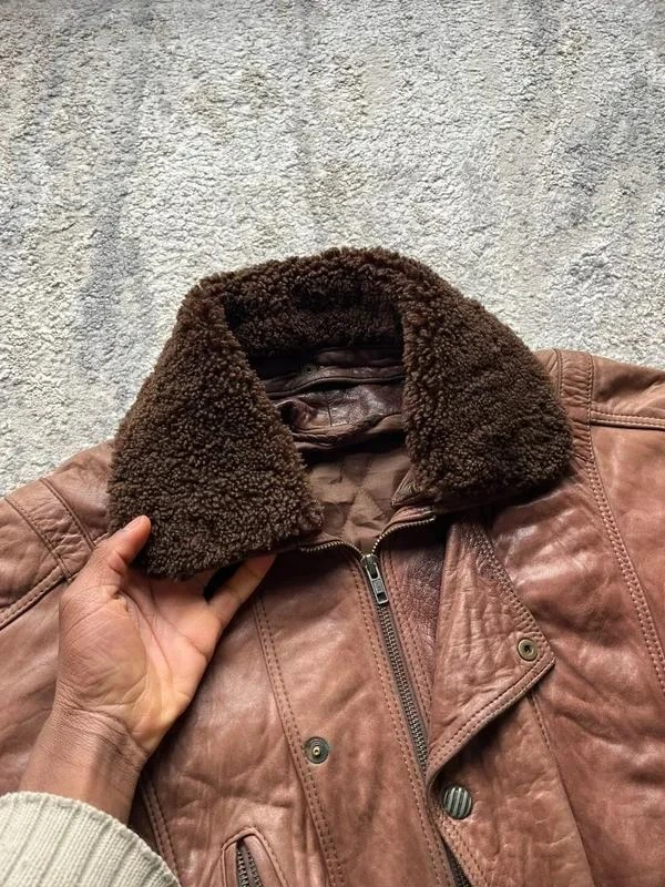 Vintage 90s Flight Aviator Mens Brown Sheepskin Collar Leather Bomber Jacket Siz – photo 3
